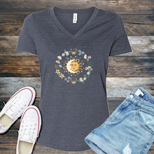 Load image into Gallery viewer, Floral Moon and Sun V-Neck
