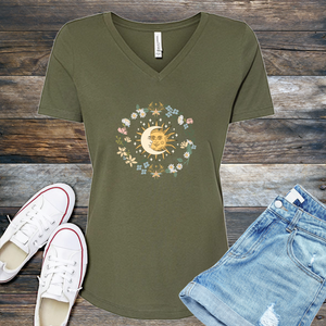 Floral Moon and Sun V-Neck