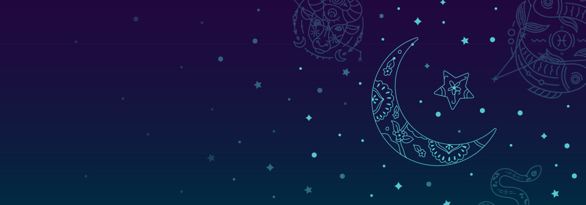 A decorative banner featuring a stylized crescent moon and celestial motifs on a deep blue starry background.
