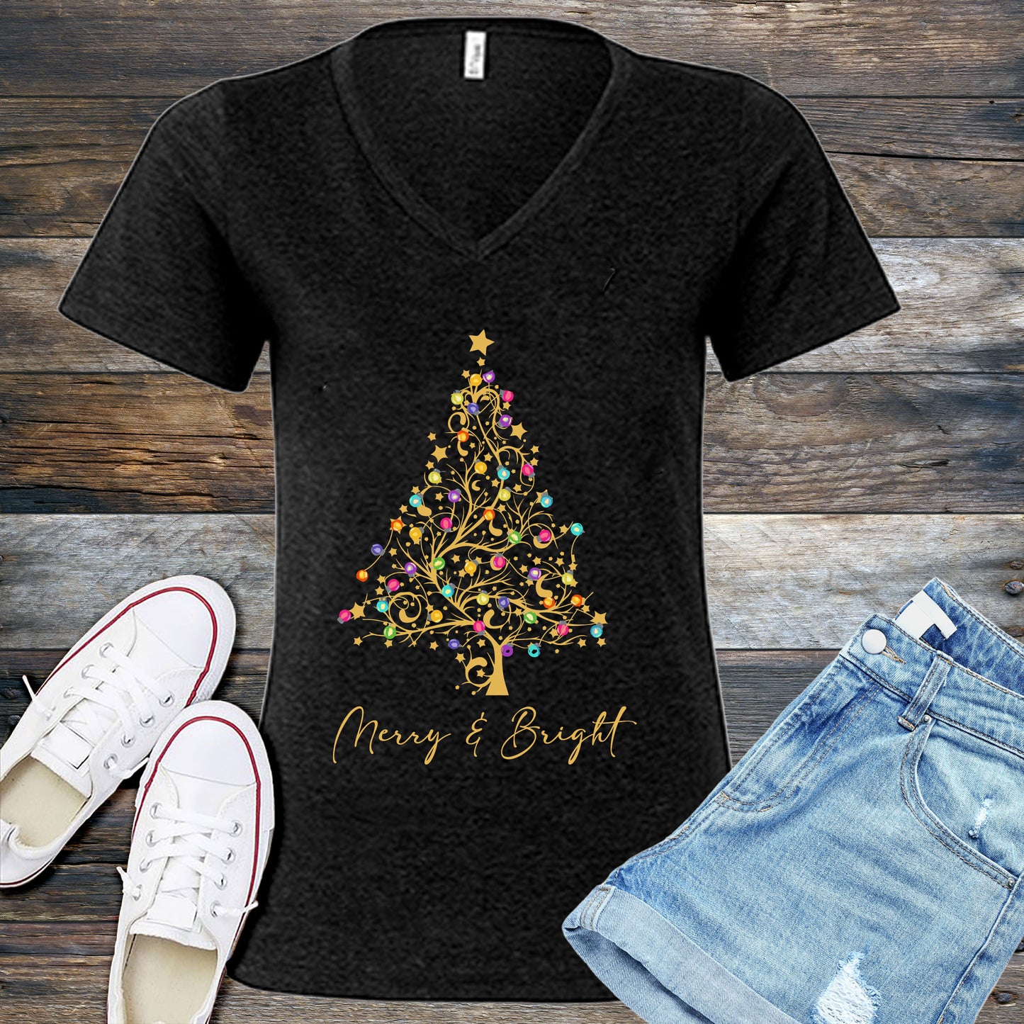 Merry And Bright Christmas Tree V-Neck