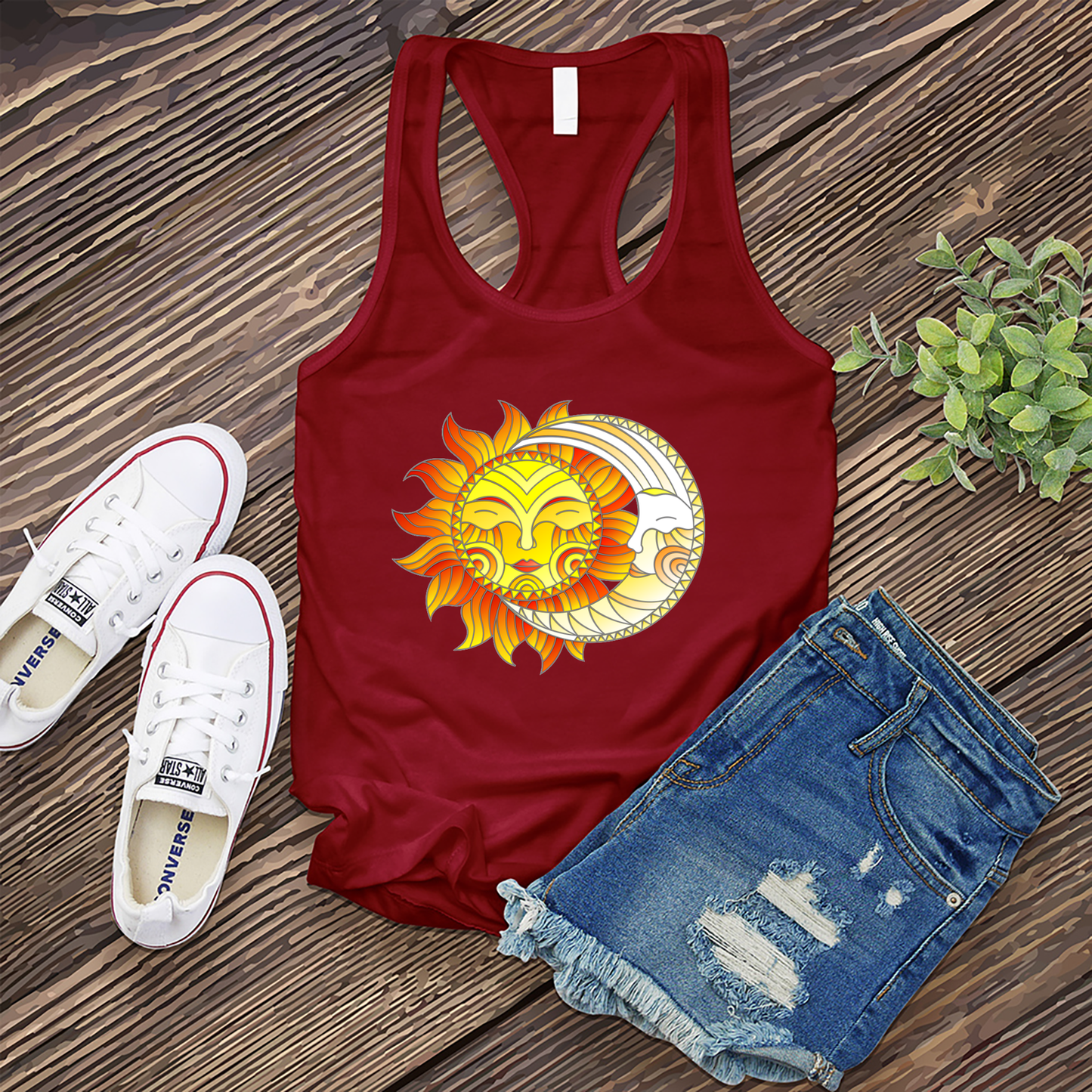 Smiling Sun and Moon Stained Glass Women's Tank Top