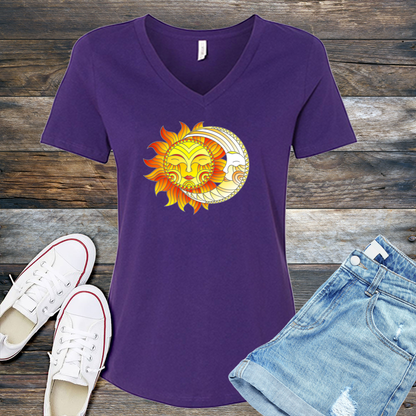 Smiling Sun and Moon Stained Glass V-Neck