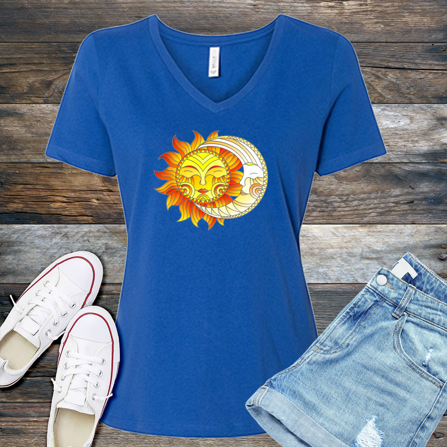 Smiling Sun and Moon Stained Glass V-Neck