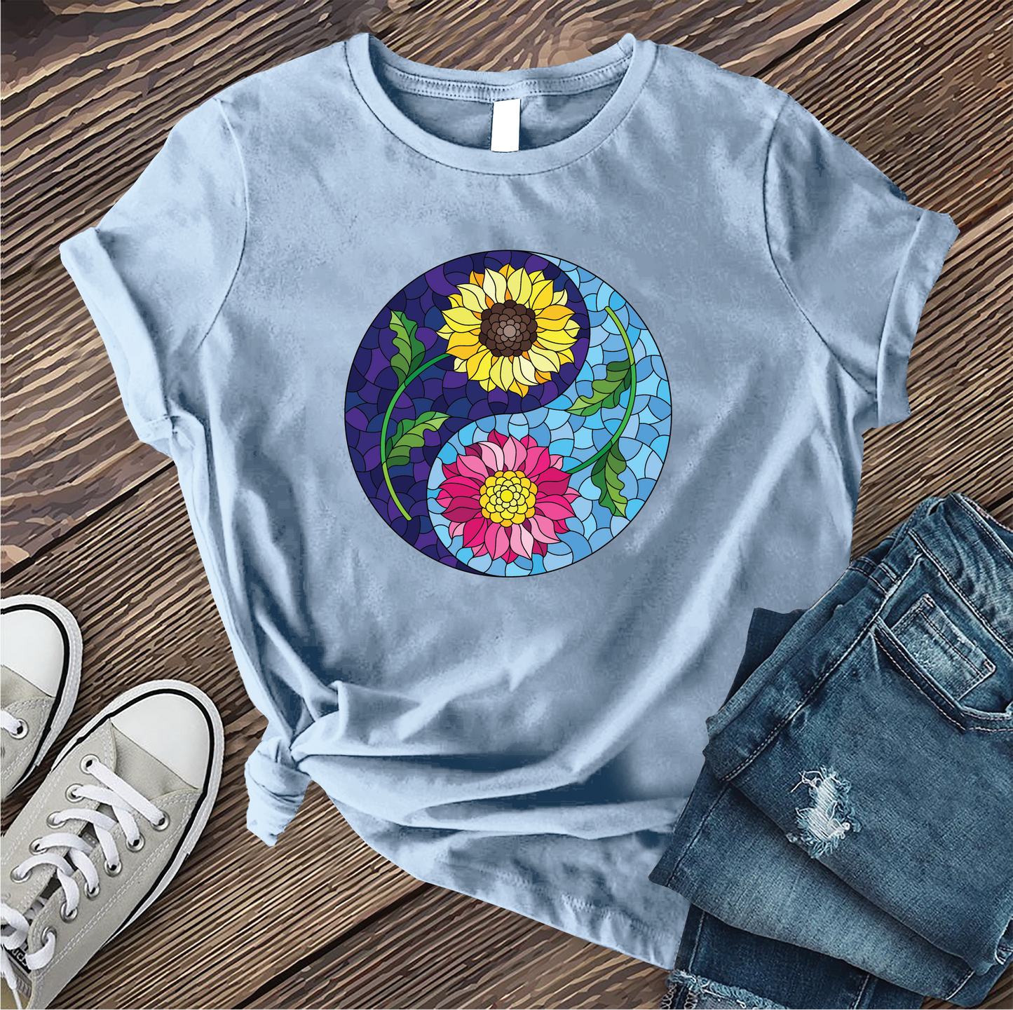 Stained Glass Flower Yin Yang T-Shirt