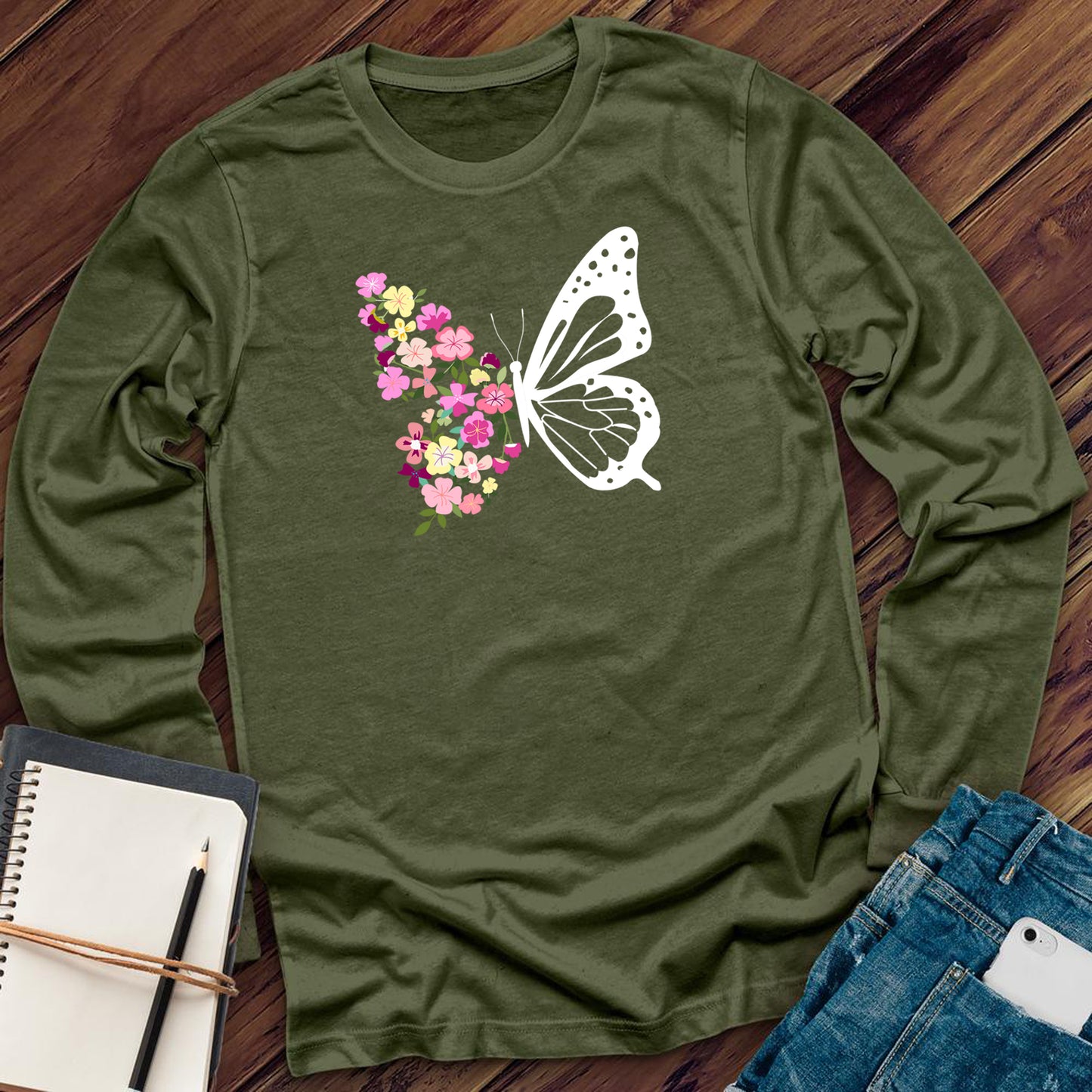 Pink Spring Flowers Butterfly Long Sleeve
