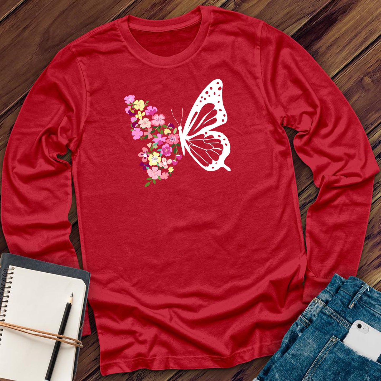 Pink Spring Flowers Butterfly Long Sleeve
