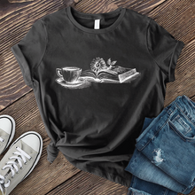 Load image into Gallery viewer, Coffee, Book, and Flower T-shirt
