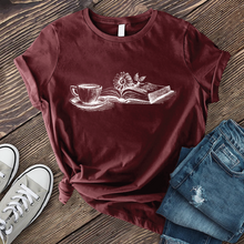 Load image into Gallery viewer, Coffee, Book, and Flower T-shirt
